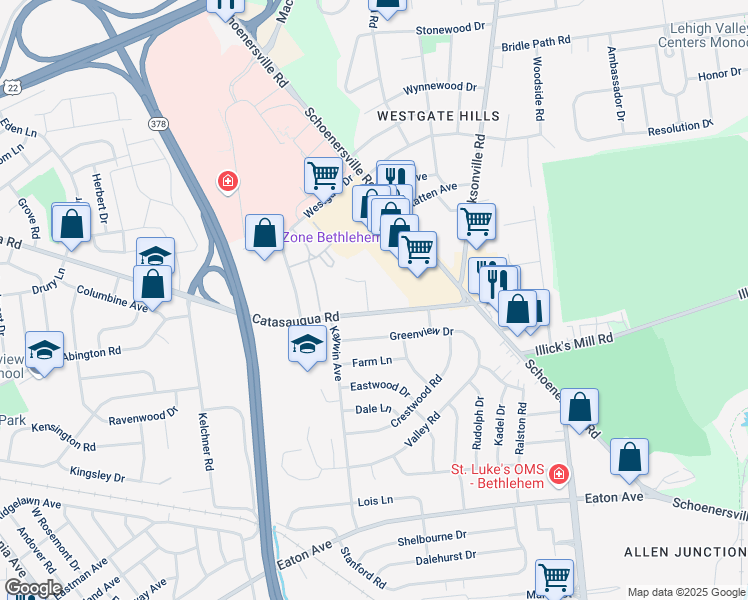 map of restaurants, bars, coffee shops, grocery stores, and more near 2030 Westfield Terrace in Bethlehem