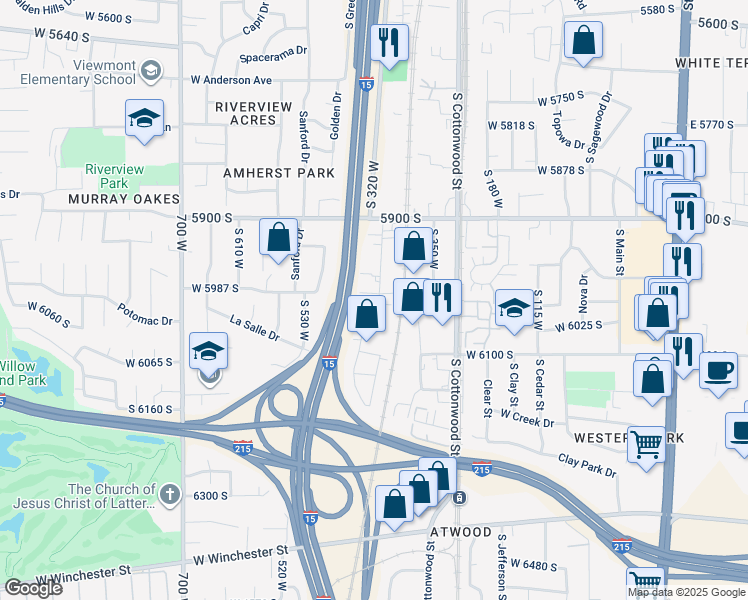 map of restaurants, bars, coffee shops, grocery stores, and more near 5982 Stratler Street in Murray