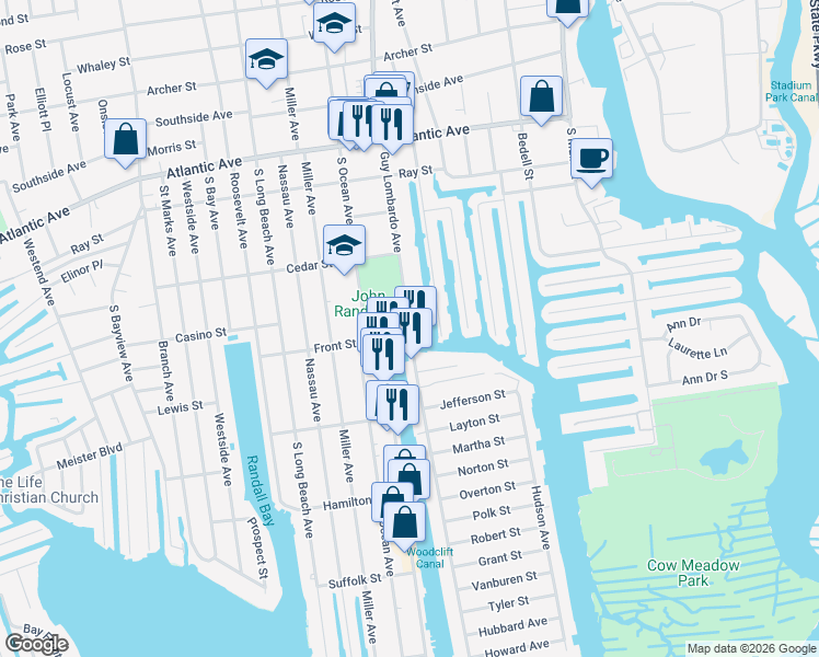 map of restaurants, bars, coffee shops, grocery stores, and more near 420 Guy Lombardo Avenue in Freeport
