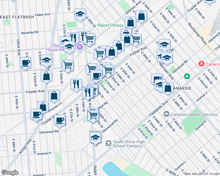 map of restaurants, bars, coffee shops, grocery stores, and more near 532 East 82nd Street in Brooklyn