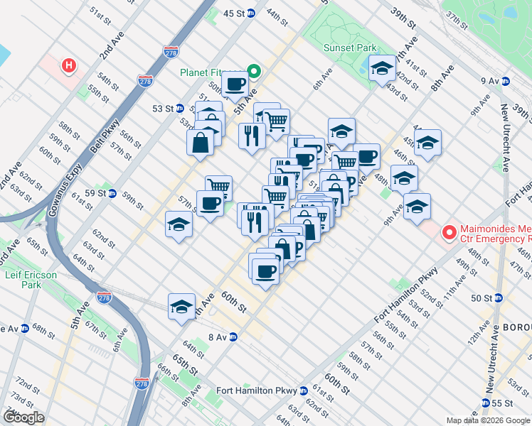 map of restaurants, bars, coffee shops, grocery stores, and more near 658 53rd Street in Brooklyn