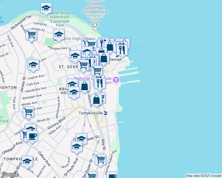 map of restaurants, bars, coffee shops, grocery stores, and more near 90 Bay Street Landing in Staten Island