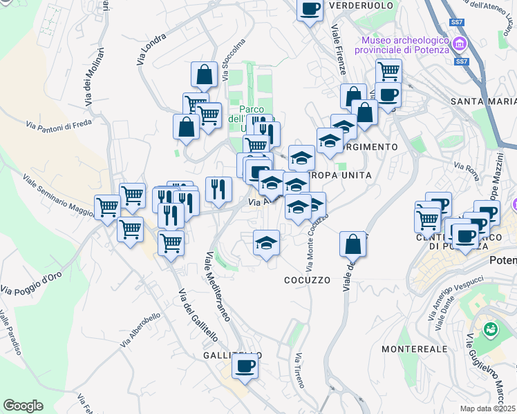 map of restaurants, bars, coffee shops, grocery stores, and more near Piazza della Costituzione Italiana in Potenza