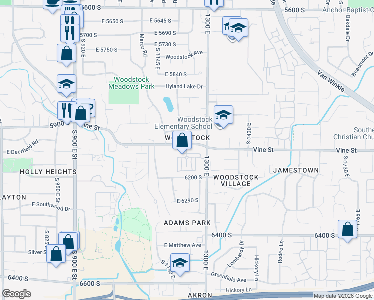 map of restaurants, bars, coffee shops, grocery stores, and more near 6121 Vine Park Drive in Murray