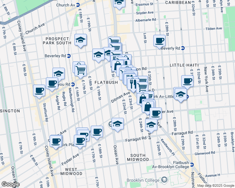 map of restaurants, bars, coffee shops, grocery stores, and more near 563 East 21st Street in Brooklyn