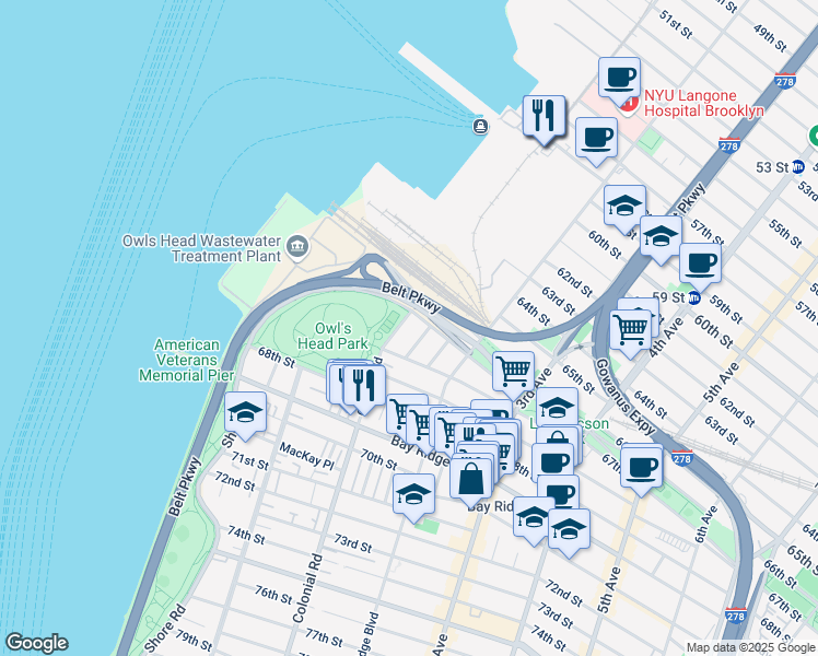 map of restaurants, bars, coffee shops, grocery stores, and more near 6645 Colonial Road in Brooklyn