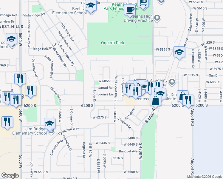 map of restaurants, bars, coffee shops, grocery stores, and more near 6072 South Park Wood Drive West in Kearns