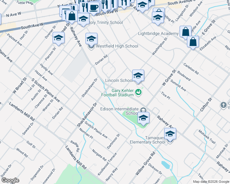 map of restaurants, bars, coffee shops, grocery stores, and more near 561 Shackamaxon Drive in Westfield