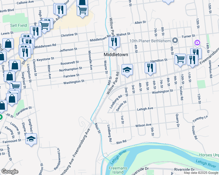 map of restaurants, bars, coffee shops, grocery stores, and more near 1825 Mill Street in Bethlehem