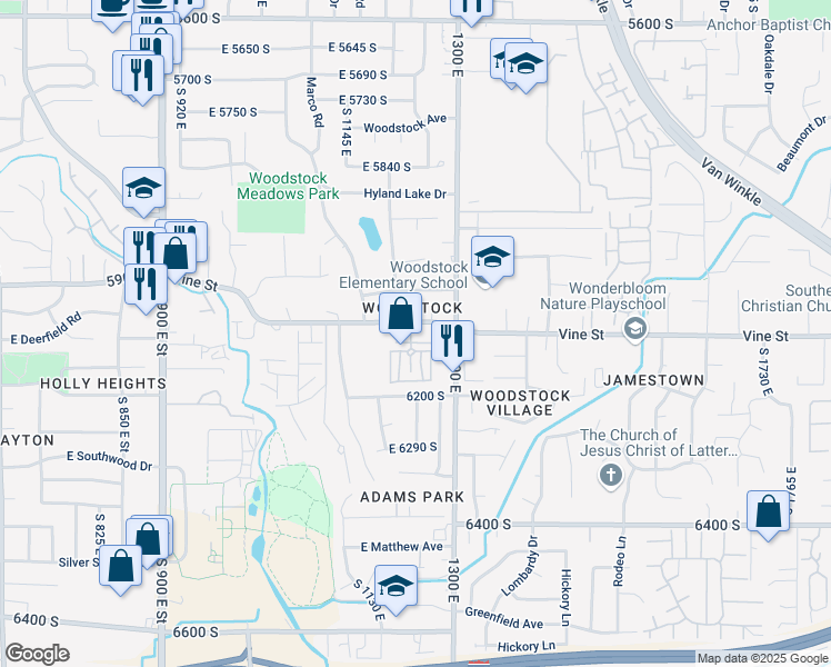 map of restaurants, bars, coffee shops, grocery stores, and more near 1215 Vine Street in Murray