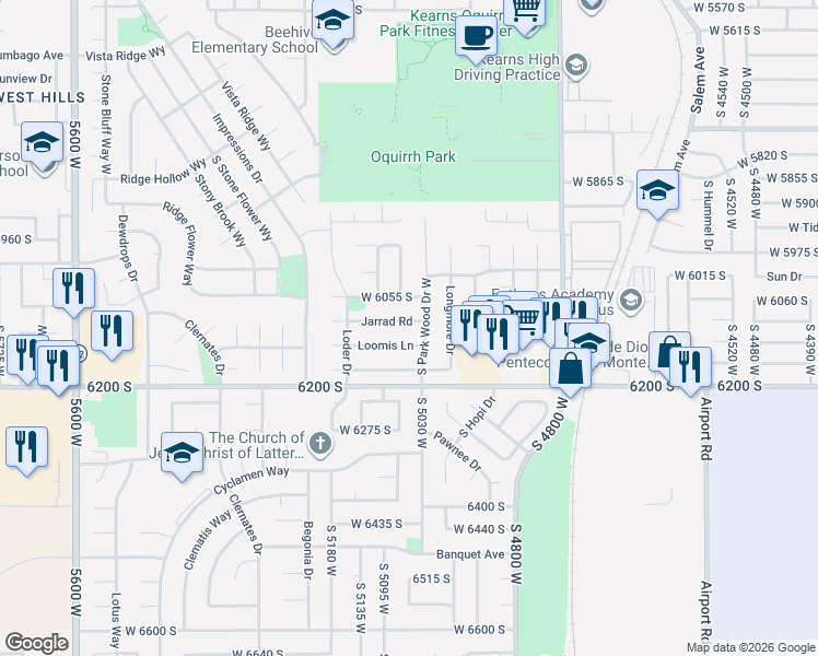 map of restaurants, bars, coffee shops, grocery stores, and more near 6072 South Park Wood Drive West in Kearns
