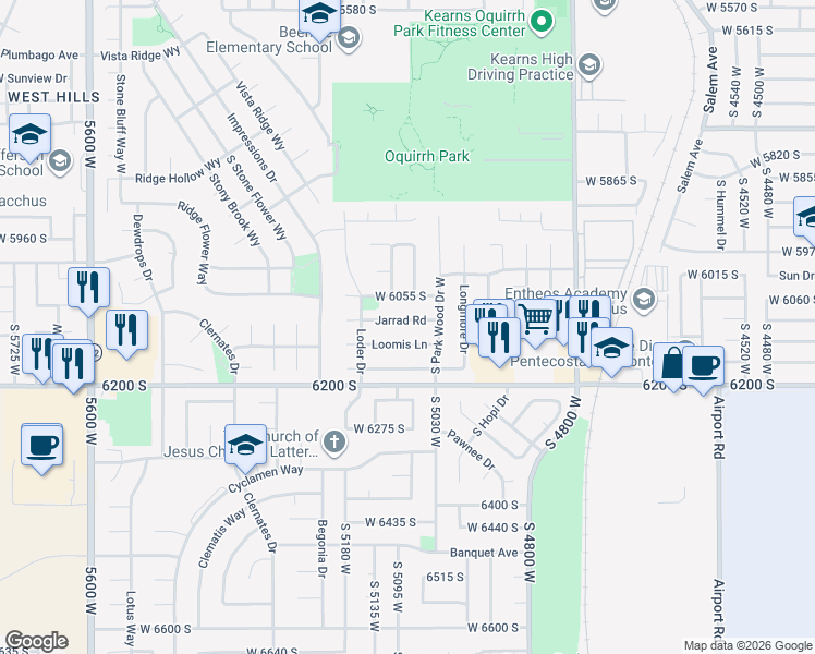 map of restaurants, bars, coffee shops, grocery stores, and more near 5091 West 6055 South in Salt Lake City