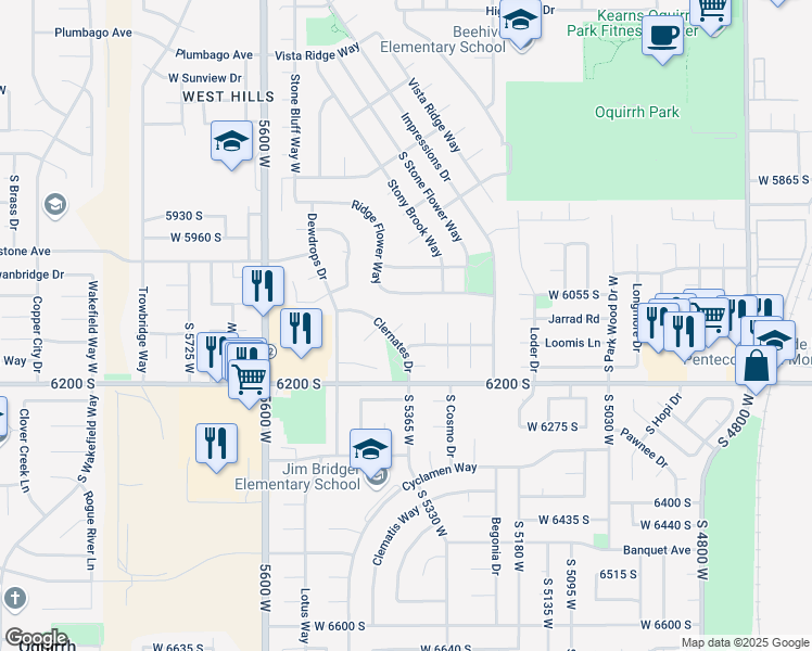 map of restaurants, bars, coffee shops, grocery stores, and more near 5347 Ridge Flower Way in Kearns