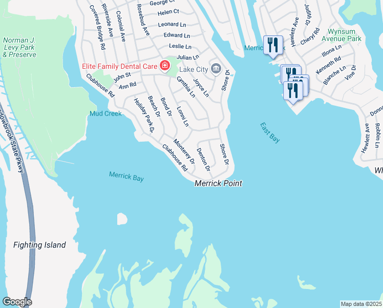 map of restaurants, bars, coffee shops, grocery stores, and more near 3125 Denton Drive in Merrick