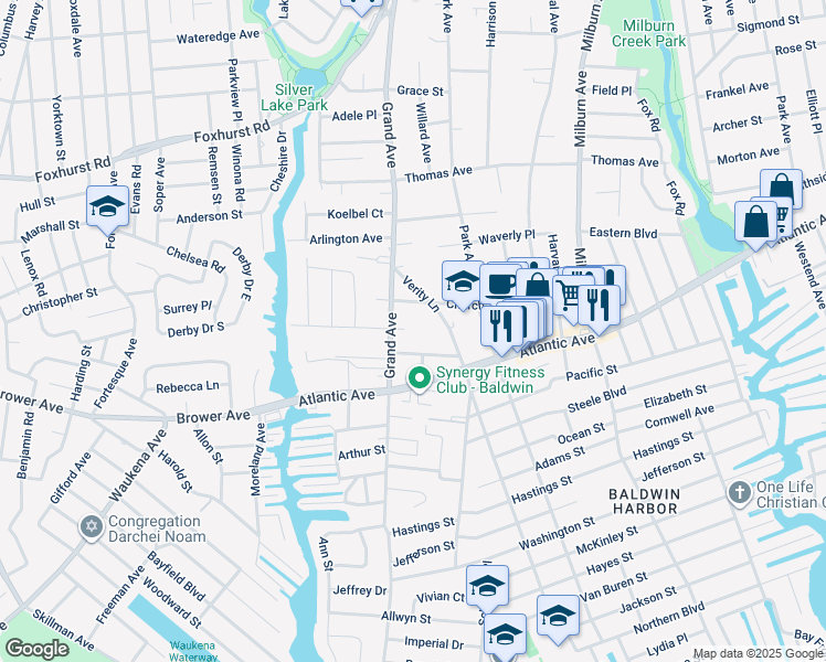 map of restaurants, bars, coffee shops, grocery stores, and more near 2807 Grand Avenue in Baldwin