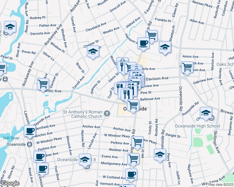 map of restaurants, bars, coffee shops, grocery stores, and more near 2911 Court Street in Oceanside