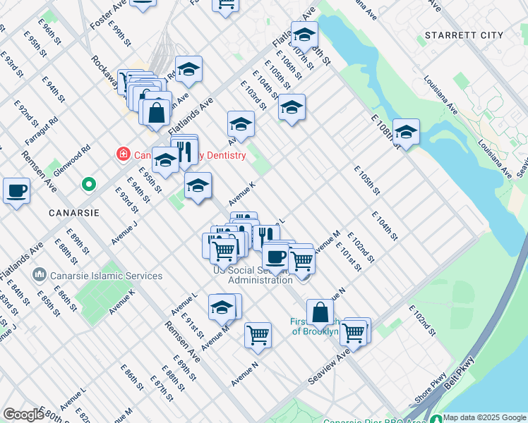 map of restaurants, bars, coffee shops, grocery stores, and more near 1129 East 99th Street in Brooklyn