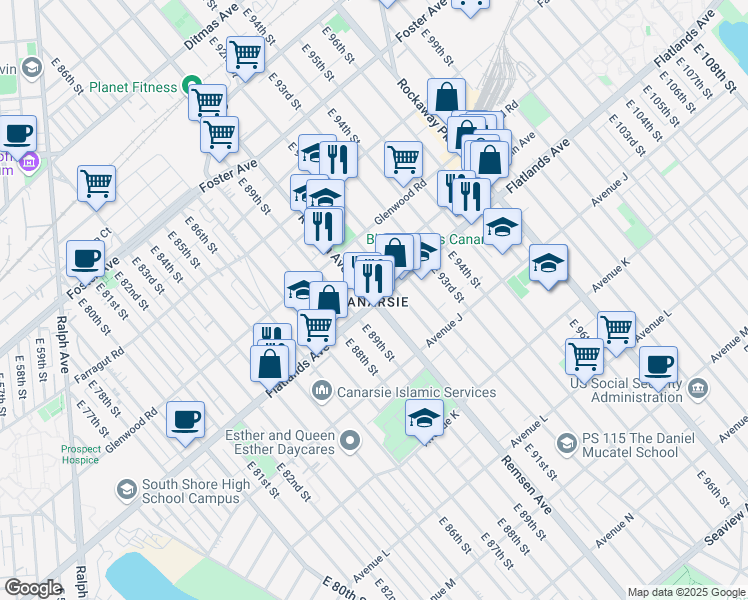 map of restaurants, bars, coffee shops, grocery stores, and more near 1177 Remsen Avenue in Brooklyn