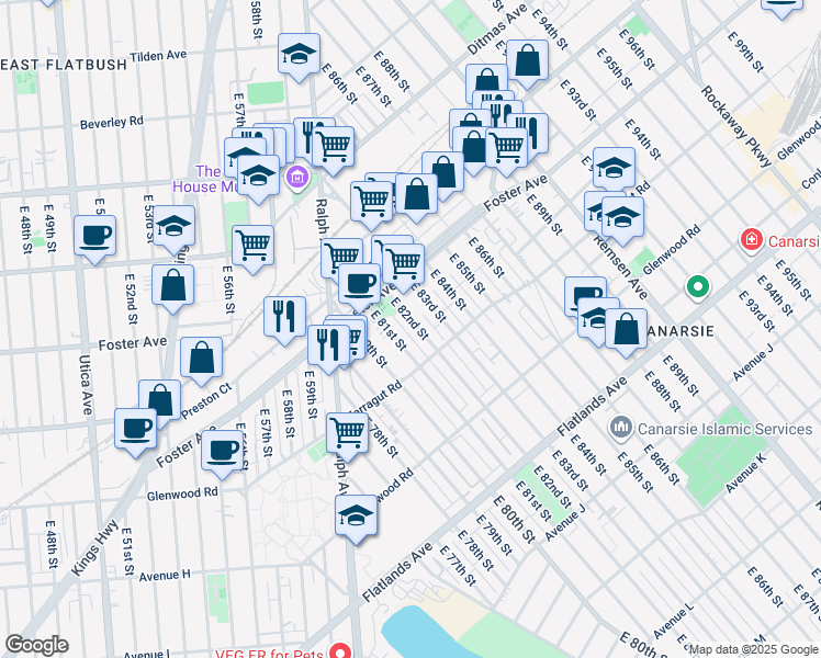 map of restaurants, bars, coffee shops, grocery stores, and more near 523 East 82nd Street in Brooklyn