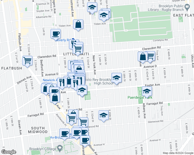 map of restaurants, bars, coffee shops, grocery stores, and more near 3310 Avenue D in Brooklyn