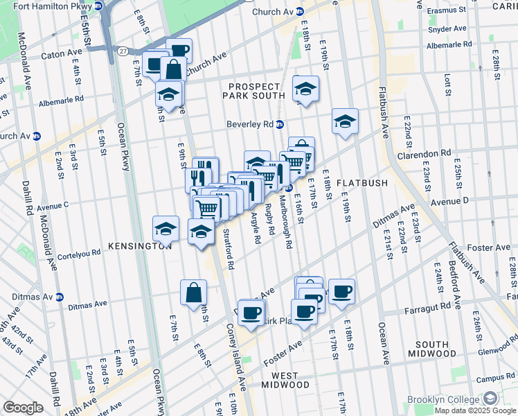map of restaurants, bars, coffee shops, grocery stores, and more near 1201 Cortelyou Road in Brooklyn