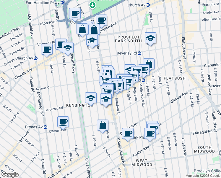 map of restaurants, bars, coffee shops, grocery stores, and more near 313 Stratford Road in Brooklyn