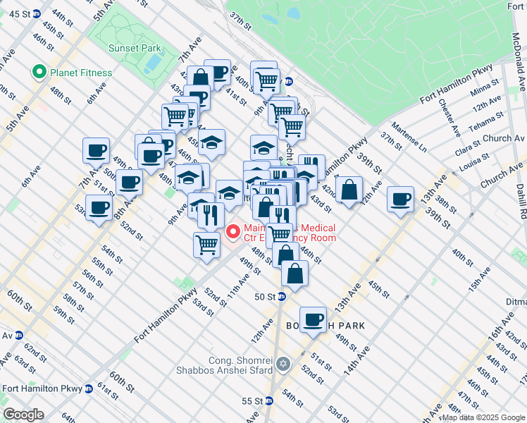 map of restaurants, bars, coffee shops, grocery stores, and more near 4509 10th Avenue in Brooklyn