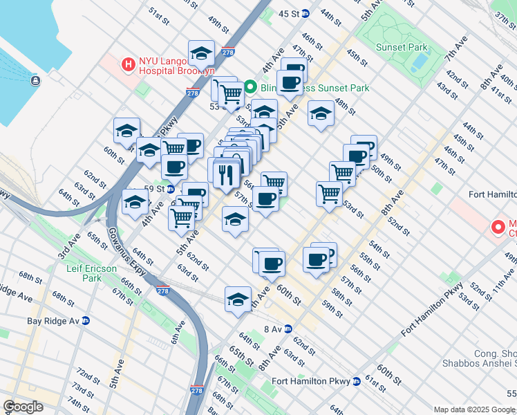 map of restaurants, bars, coffee shops, grocery stores, and more near 538 56th Street in Brooklyn