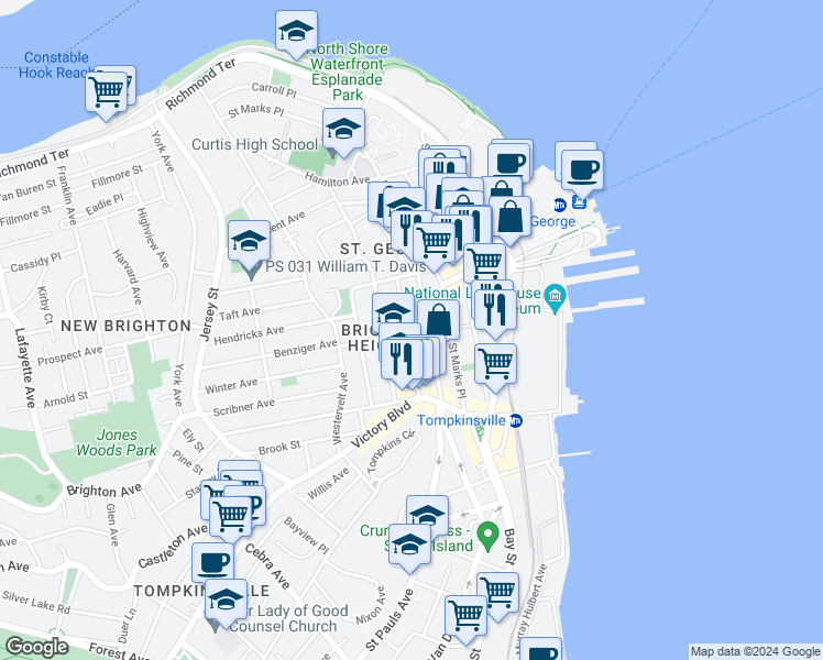 map of restaurants, bars, coffee shops, grocery stores, and more near 36 Montgomery Avenue in Staten Island