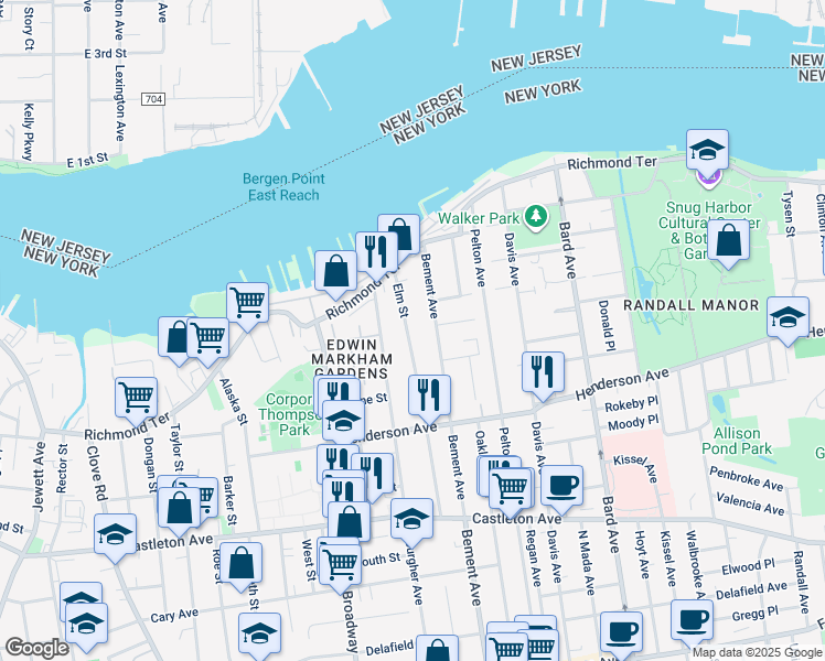 map of restaurants, bars, coffee shops, grocery stores, and more near 40 Elm Street in Staten Island
