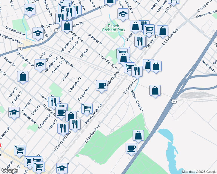 map of restaurants, bars, coffee shops, grocery stores, and more near 1030 Essex Avenue in Linden
