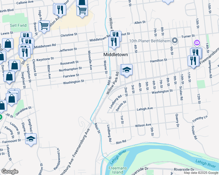 map of restaurants, bars, coffee shops, grocery stores, and more near 1825 Mill Street in Bethlehem