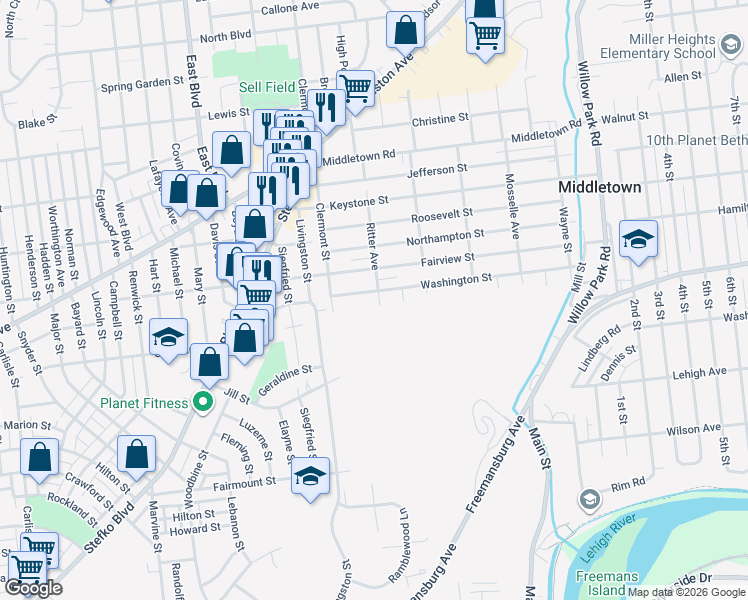 map of restaurants, bars, coffee shops, grocery stores, and more near 1834 Ritter Avenue in Bethlehem