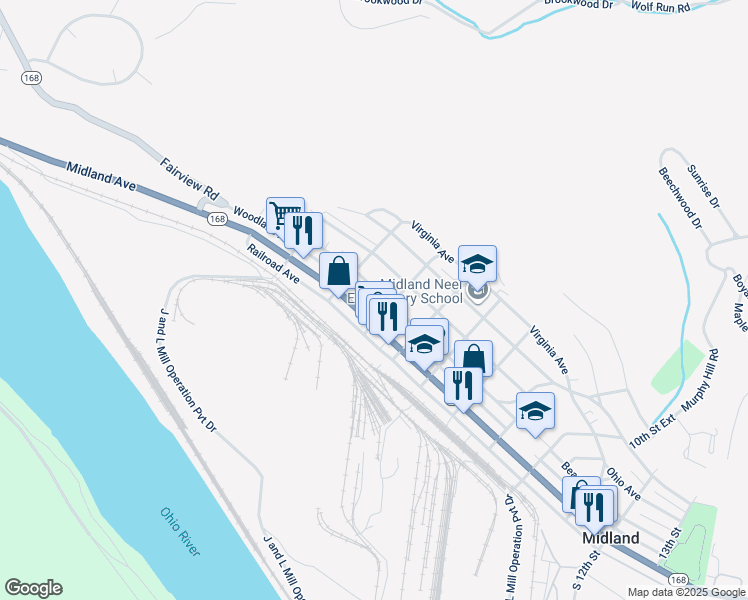 map of restaurants, bars, coffee shops, grocery stores, and more near 421 Beaver Avenue in Midland