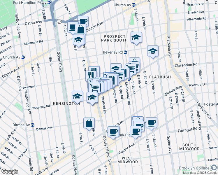 map of restaurants, bars, coffee shops, grocery stores, and more near 1201 Cortelyou Road in Brooklyn