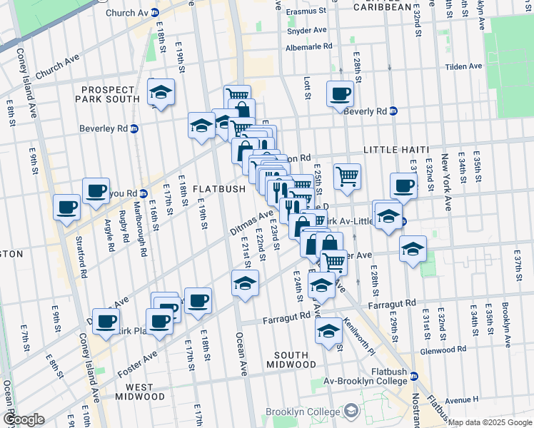map of restaurants, bars, coffee shops, grocery stores, and more near 2214 Ditmas Avenue in Brooklyn