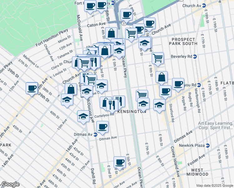 map of restaurants, bars, coffee shops, grocery stores, and more near 433 East 4th Street in Brooklyn