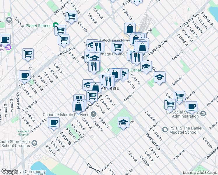 map of restaurants, bars, coffee shops, grocery stores, and more near 9001 Flatlands Avenue in Brooklyn