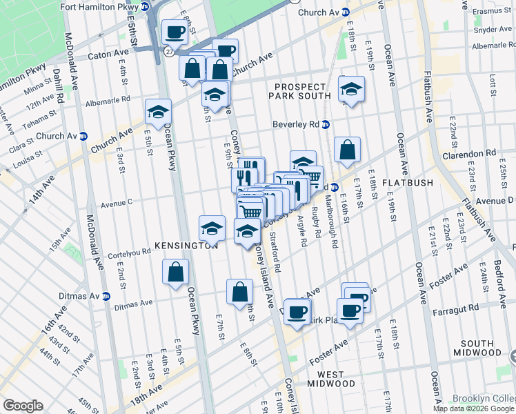 map of restaurants, bars, coffee shops, grocery stores, and more near 313 Stratford Road in Brooklyn