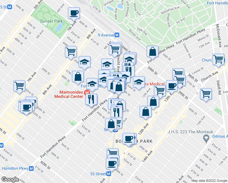 map of restaurants, bars, coffee shops, grocery stores, and more near 45th Street in Brooklyn