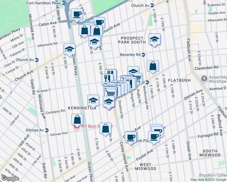 map of restaurants, bars, coffee shops, grocery stores, and more near 313 Stratford Road in Brooklyn