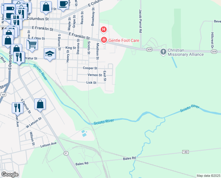 map of restaurants, bars, coffee shops, grocery stores, and more near 655 East Street in Kenton