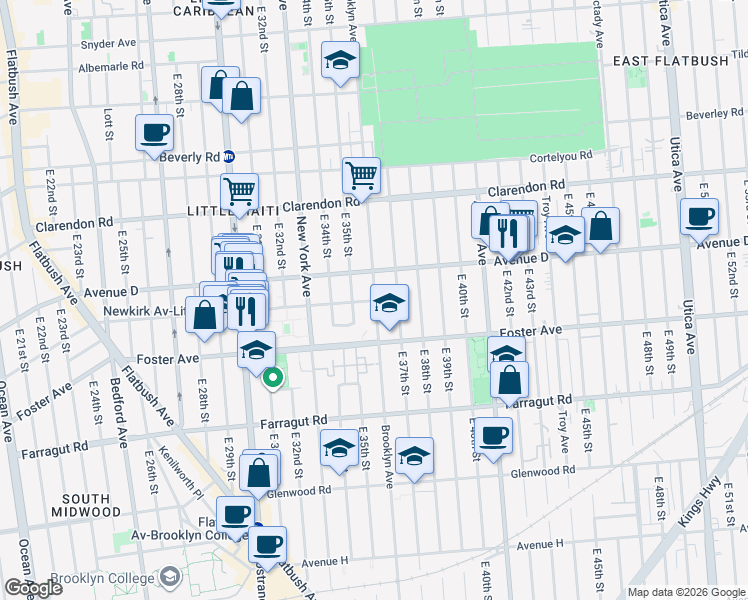 map of restaurants, bars, coffee shops, grocery stores, and more near 3575 Newkirk Avenue in Brooklyn