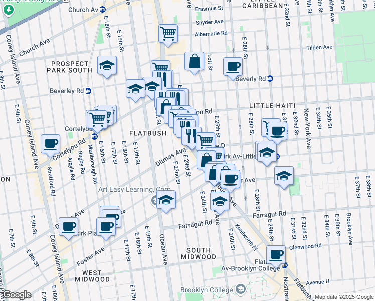 map of restaurants, bars, coffee shops, grocery stores, and more near 2232 Ditmas Avenue in Brooklyn
