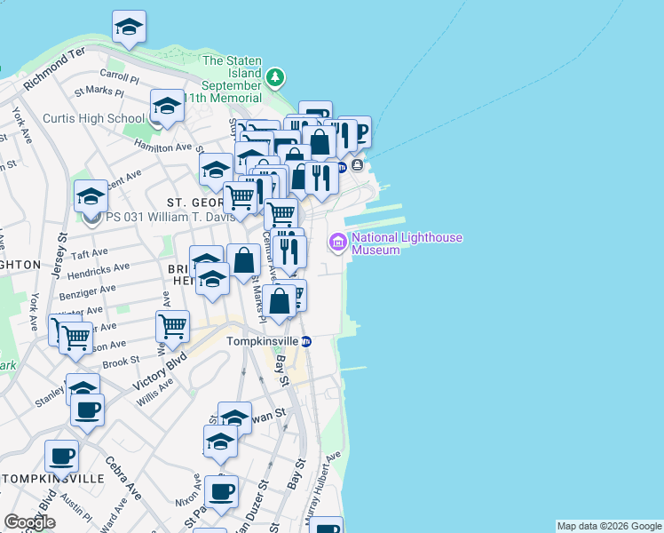 map of restaurants, bars, coffee shops, grocery stores, and more near 90 Bay Street Landing in Staten Island