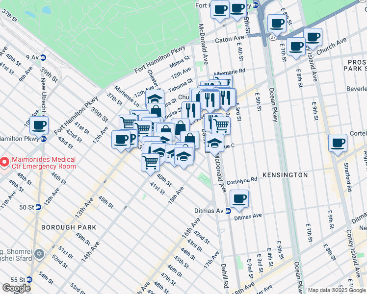 map of restaurants, bars, coffee shops, grocery stores, and more near 1416 35th Street in Brooklyn