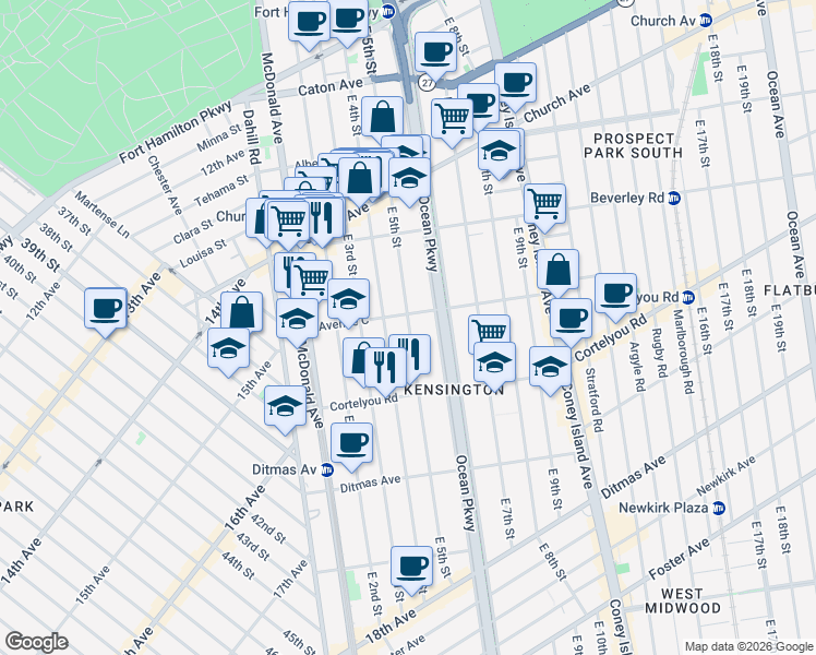 map of restaurants, bars, coffee shops, grocery stores, and more near 500 East 5th Street in Brooklyn
