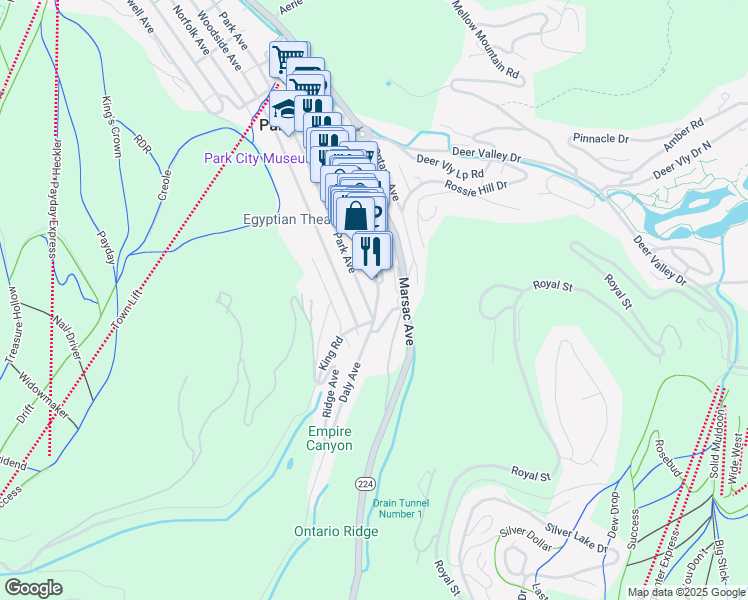 map of restaurants, bars, coffee shops, grocery stores, and more near 129 Main Street in Park City