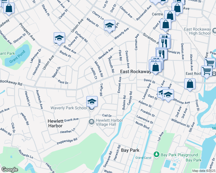 map of restaurants, bars, coffee shops, grocery stores, and more near 295 Main Street in East Rockaway