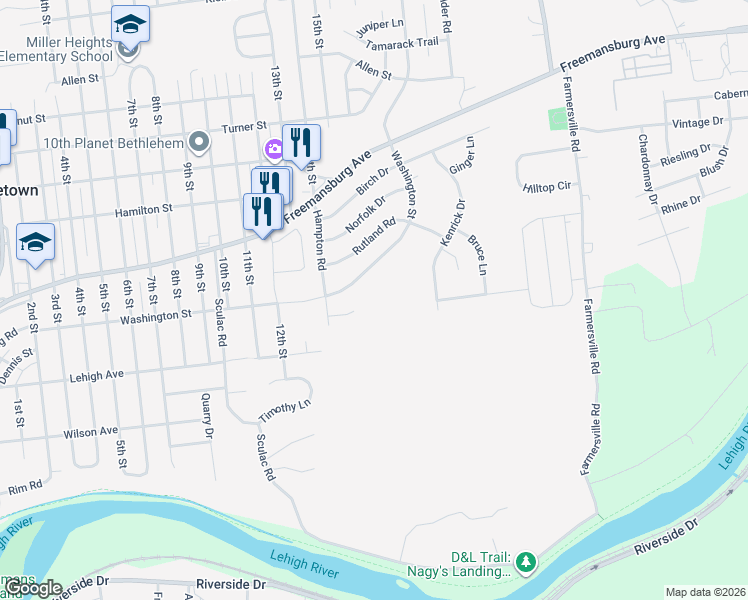 map of restaurants, bars, coffee shops, grocery stores, and more near 3938 Washington Street in Bethlehem